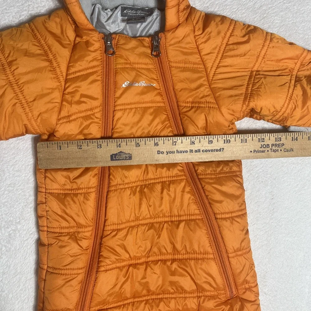 Eddie Bauer Snowsuit Unisex 3-6 Months Orange Quilted Hood Fleece Lined Bunting
